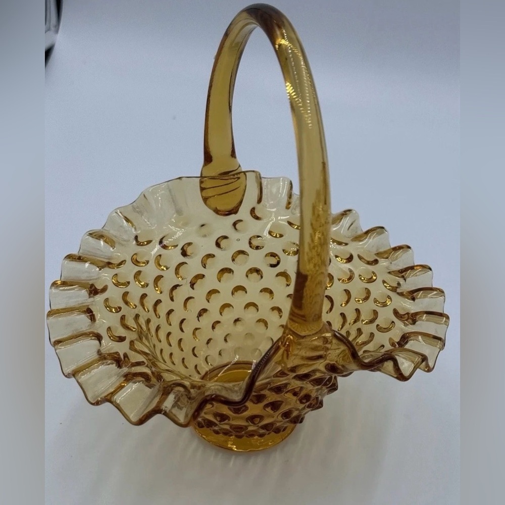 Vintage Amber Hobnail Glass Basket Ruffled Edge Applied Handle Candy Dish - Picture 9 of 9